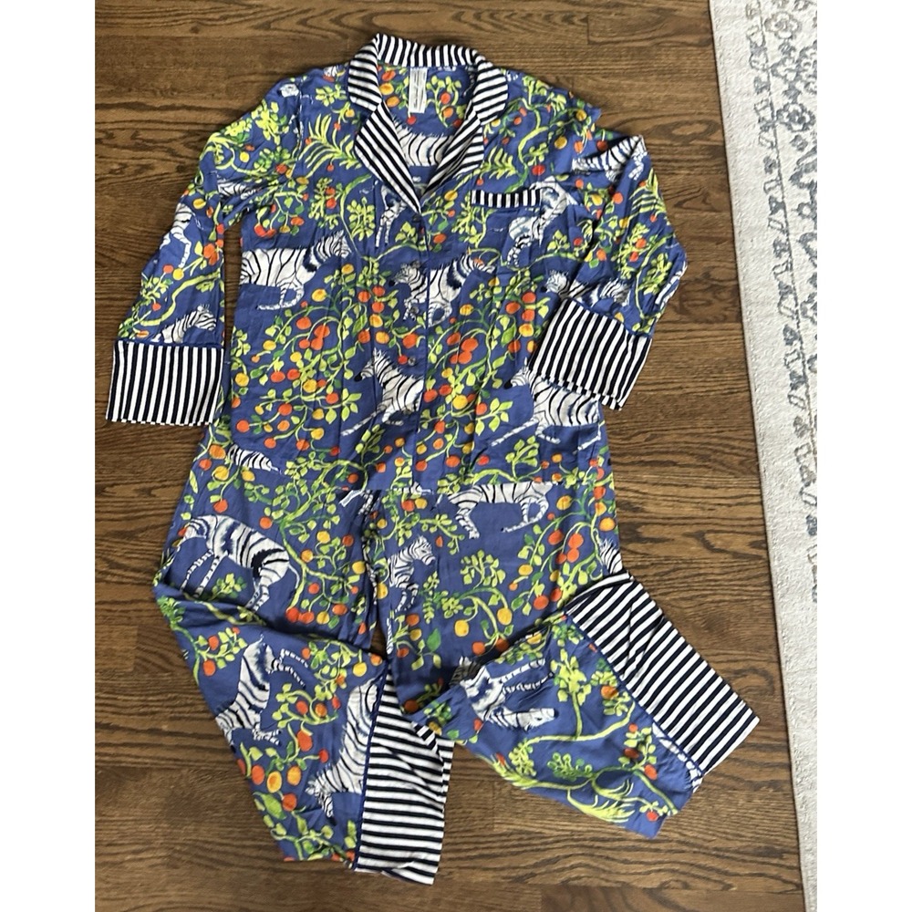 Olivia Wendel For Anthropologie Blue Zebra & Fruit Print Pajama Set Medium/Large